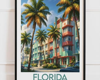 Florida USA-affisch, Miami Art Deco och palmer-affisch, tropisk väggdekoration