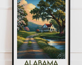 Plakat Alabama USA | Dom na południu, magnolie, dęby, mech, strumień | Plakat podróżniczy, ilustracja przyrodnicza