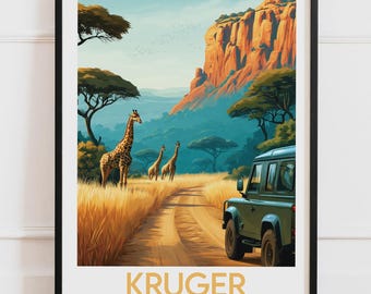 Plakat Parku Narodowego Krugera w RPA | Safari na klifach, ślad jeepów i żyraf | Plakat podróżniczy Ilustracja natury