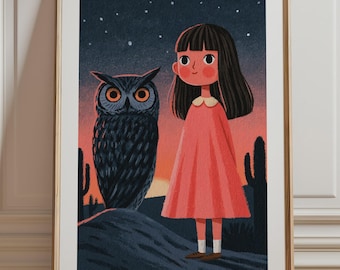 Girl and Owl Desert Print, Twilight Southwest Wall Art, Whimsical Storybook Illustration, Kids Room Decor