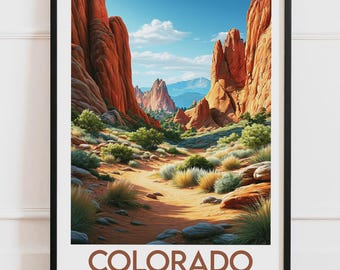 Poster del Colorado, USA | Sentiero di montagna delle Rocce Rosse del Giardino degli Dei | Illustrazione naturalistica per poster di viaggio