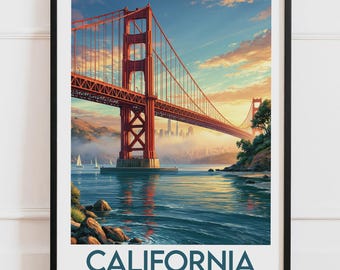Plakat z Kalifornii | Widok na zatokę Golden Gate Bridge i żaglówki | Plakat podróżniczy: Ilustracja natury