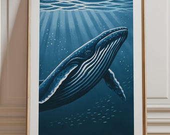 Humpback Whale Print, Underwater Sunbeams Ocean Wall Art, Modern Deep Sea Illustration Unframed