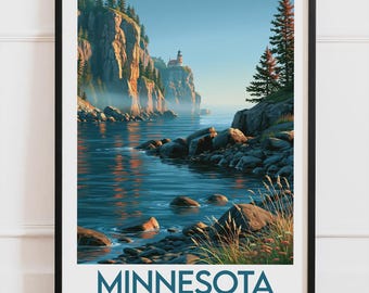 Minnesota USA-affisch, Lake Superior och fyrposter, väggdekoration med amerikansk natur