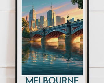 Plakat Melbourne, Australia | Most Książęcy, panorama rzeki Yarra, zachód słońca | Plakat podróżniczy, ilustracja przyrodnicza