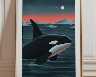 Killer Whale Print, Orca Twilight Ocean Wall Art, Moody Arctic Sea Illustration Unframed