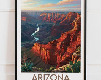 Plakat Arizona, USA | Wielki Kanion, Kolorado, Czerwone Klify, Kaktus | Plakat podróżniczy, Ilustracja przyrodnicza