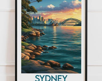 Plakat Sydney Australia | Opera House Harbour Bridge, panorama Rocky Shore, zachód słońca | Plakat podróżniczy, ilustracja natury