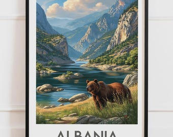 Plakat z Albanii | Kanion Niedźwiedzia Brunatnego, Rzeka Valbona, Przeklęte Góry | Plakat podróżniczy, Ilustracja natury