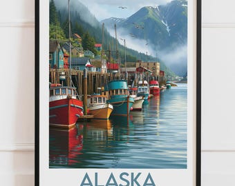 Plakat Alaska USA | Port rybacki, kolorowe łodzie, fiordy, góry, mgła | Plakat podróżniczy, ilustracja natury