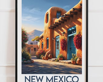 New Mexico USA-affisch, Adobe House och chilipeppar-affisch, sydvästamerikansk väggdekoration
