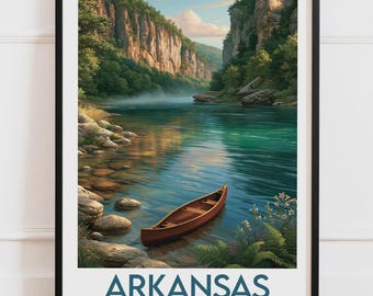 Plakat Arkansas, USA | Rzeka, Kanoe, Klify, Las, Natura | Plakat podróżniczy, Ilustracja natury