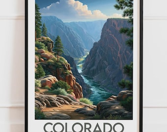 Colorado USA Print | Black Canyon Gunnison River Cliffs Pine Trees | Travel Poster Nature Wall Art Illustration