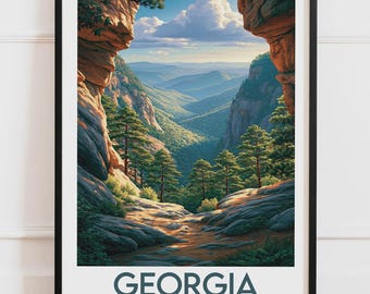 Georgia USA Print | Rocky Gorge Forest Hills Pine Trees Valley View | Travel Poster Nature Wall Art Illustration