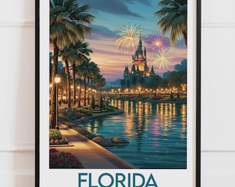 Florida USA-affisch, Orlando slott och fyrverkerier-affisch, reseväggdekoration