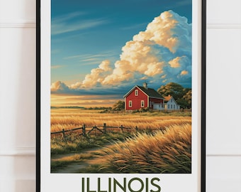 Illinois USA-affisch, röd lada och prärie-affisch, amerikansk landsbygdsväggdekoration