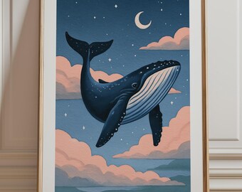 Flying Whale Print, Night Sky Moon Nursery Wall Art, Whimsical Kids Room Illustration Unframed