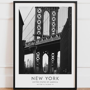 Affiche New York Manhattan Bridge Noir Blanc USA | Dumbo Brooklyn Empire State Building | Poster Voyage Illustration