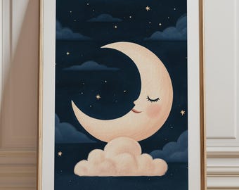 Sleeping Moon Print, Crescent Moon Face Nursery Wall Art, Starry Night Kids Room Illustration Unframed