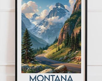 Montana USA-affisch, Bergsvägsaffisch, Väggkonst för amerikanskt landskap
