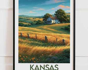 Kansas USA-poster, lantställe och prärieposter, amerikanskt landskapsväggdekor