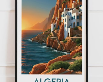 Plakat Algieria | Wieś, Czerwone Klify, Morze Śródziemne, Zachód słońca, Białe Domy | Plakat podróżniczy, Ilustracja przyrodnicza