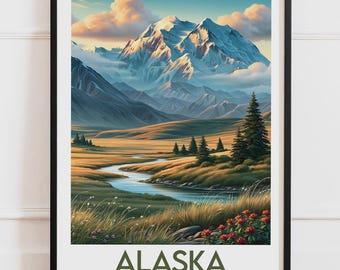 Plakat z Alaski w USA | Tundra Denali, świerki, dzikie kwiaty | Plakat podróżniczy, ilustracja przyrodnicza