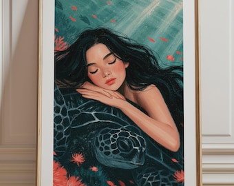 Girl and Sea Turtle Print, Underwater Coral Reef Wall Art, Whimsical Ocean Illustration Unframed