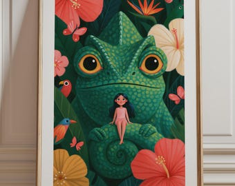 Girl and Chameleon Print, Tropical Jungle Wall Art, Hibiscus Whimsical Nursery Decor, Fantasy Storybook Illustration