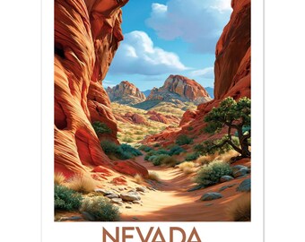 Affiche Nevada États-Unis | Valley of Fire Rochers Rouges Sentier Désert Genévrier | Poster Voyage Nature Illustration Travel