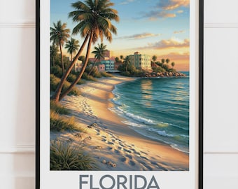 Florida USA-poster, tropisk strand och palmer-poster, väggdekoration vid havet