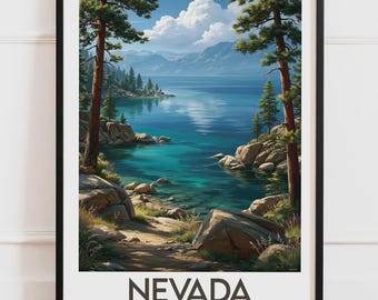 Nevada Lake Tahoe USA Print | Turquoise Lake Pine Trees Granite Rocks Mountains | Travel Poster Nature Wall Art Illustration