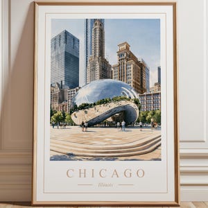 Peut inclure: Une impression d'art encadrée représentant une illustration style aquarelle de la ligne d'horizon de Chicago et de la sculpture Cloud Gate. Le texte CHICAGO Illinois est imprimé en brun clair au bas de la bordure blanche du cadre.