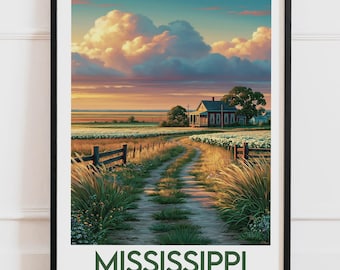 Mississippi USA Print | Farm Countryside Cotton Fields Sunset Rural South | Travel Poster Nature Wall Art Illustration