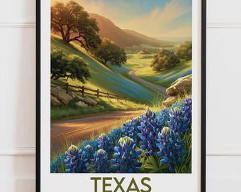 Texas USA-poster, Landsväg och blåmögelposter, amerikanskt landskap på väggen