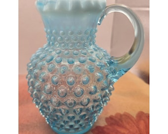 VTG Fenton Blue Opalescent Hobnail Glass Pitcher Vase Ruffled 6"