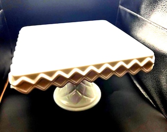 Vintage White Milk Glass Square Cake Stand - Sawtooth Edge - 10"