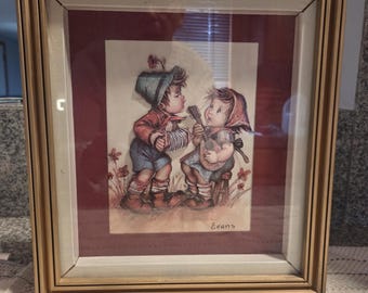 Vintage Evans 3D Paper Tole Art - Hummel Style Boy & Girl Musicians - Framed