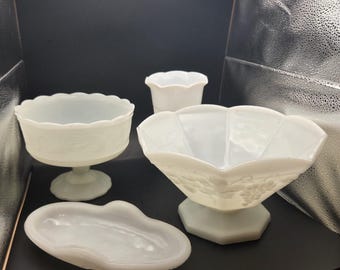 4pc Vintage White Milk Glass Collection – Indiana Harvest Grape, Star & Fan...