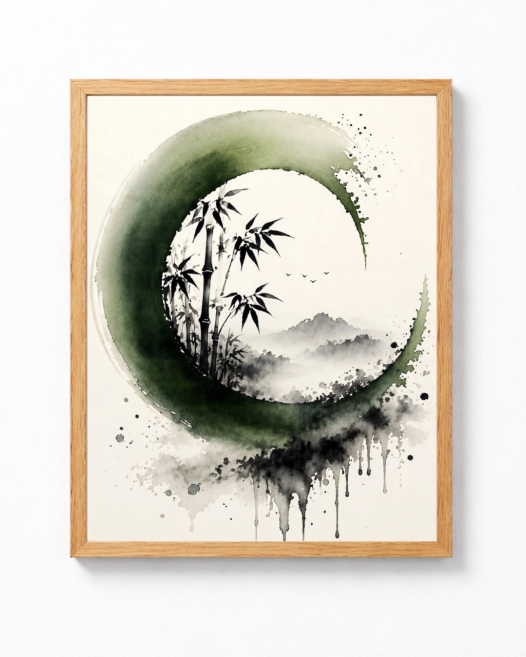 Green Enso Wall Art, Japanese Ink Bamboo Print, Zen Circle Landscape ...