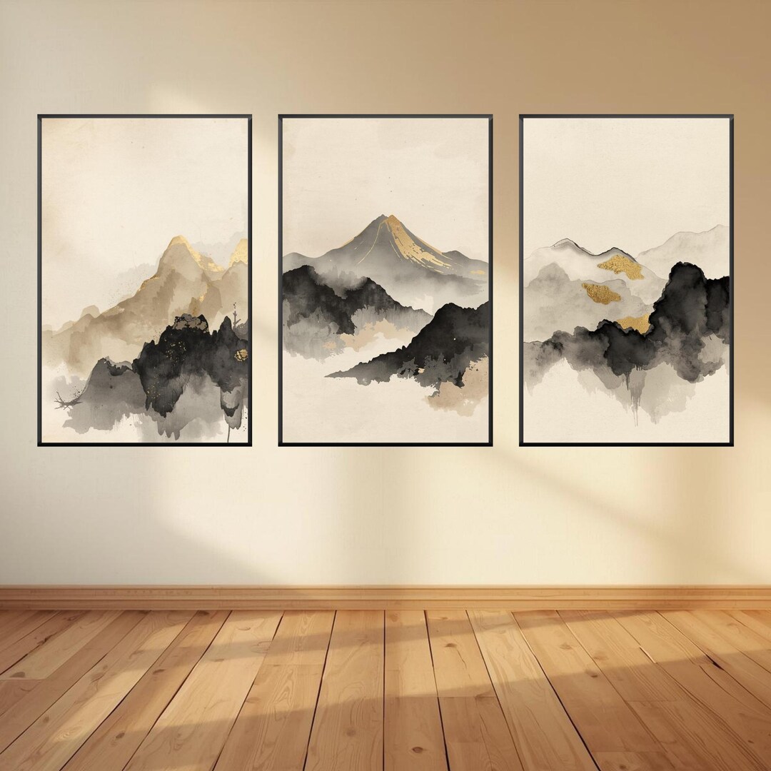 Japanese Mountain Wall Art Set, Neutral Asian Landscape, Minimalist Zen ...