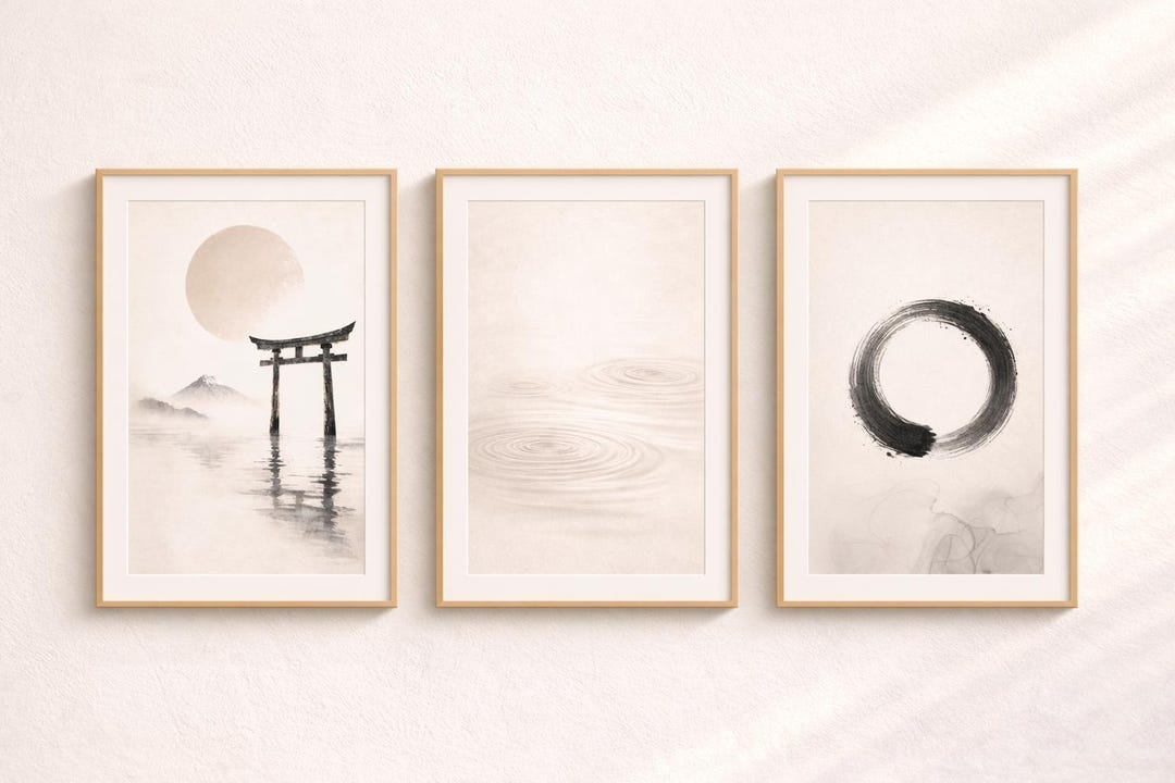 Japanese Zen Wall Art Set of 3, Torii Gate Enso Circle Print, Japandi ...