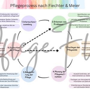 Könnte beinhalten: Ein farbenfrohes Diagramm mit dem Titel "Pflegeprozess nach Fiechter & Meier" mit einem kreisförmigen Flussdiagramm. Das Diagramm umreißt Schritte wie Informationsbeschaffung, Problemerkennung, Zielsetzung, Planung, Umsetzung und Bewertung. Der Text ist auf Deutsch.