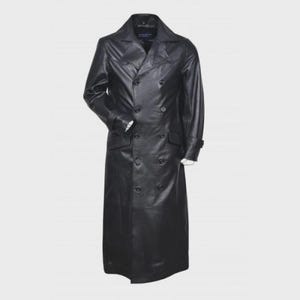 Peut inclure: Un long trench-coat en cuir noir doté d'une fermeture à double boutonnage avec six boutons visibles, d'un large col à revers, de manches longues avec poignets boutonnés et d'une silhouette structurée descendant jusqu'au bas du mollet.