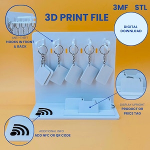 May include: A white 3D print file display stand for keychains featuring five anti-theft hooks on the front and back, a base slot for upright product or price tags, and a black Wi-Fi symbol icon for NFC or QR code integration. Digital download.