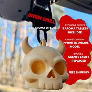 3D Printed Skull Car Air Freshener with Horns | Hanging Diffuser Accessory | Father's day gift | Car Fragrance | Fragrance Oil
