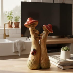 Könnte beinhalten: Eine skurrile Pilzfigur mit zwei sich küssenden Figuren. Die Pilze haben rote Kappen mit weißen Punkten und sind in Braun- und Grüntönen bemalt. Ein Marienkäfer befindet sich auf einem der Pilzstiele. Die Figur steht auf einem Holztisch.