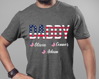 Personalized Daddy Shirt with Kids Names, American Flag Dad Tee, Custom Father’s Day Sweatshirt, Patriotic Dad Shirt, USA Family Hoodie