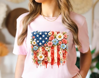 Floral American Flag Shirt, Patriotic Flower Tee, Fourth Of July Shirt, USA Flag Floral Shirt, Independence Day Tee
