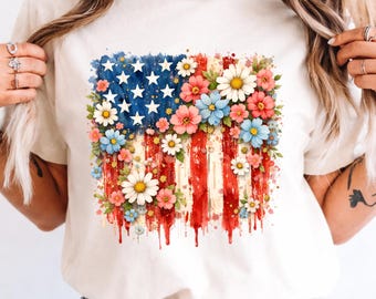 Comfort Colors Floral American Flag Shirt, Patriotic Flower Tee, Fourth Of July Shirt, USA Flag Floral Shirt, Independence Day Tee